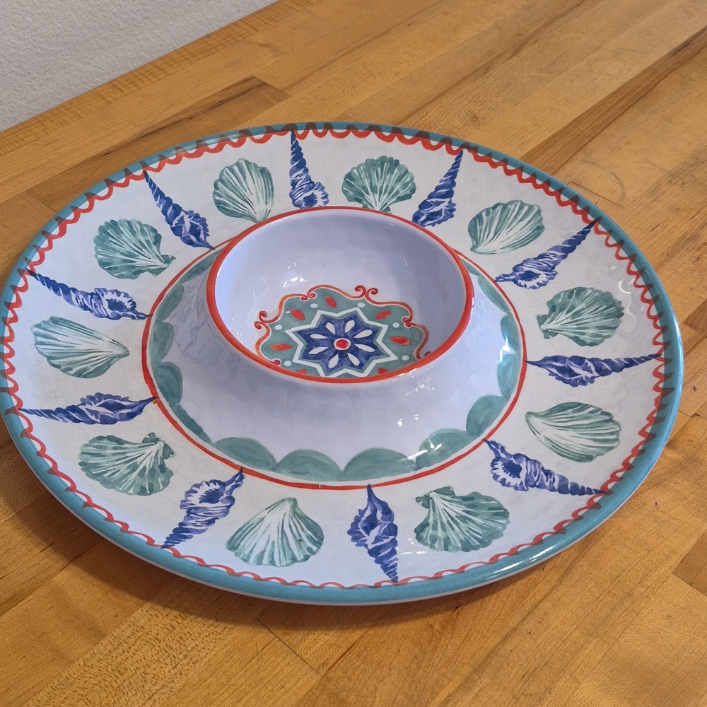 Sigrid Olsen 15" Melamine Chip & Dip Serving Platter Seashells & Starfish
